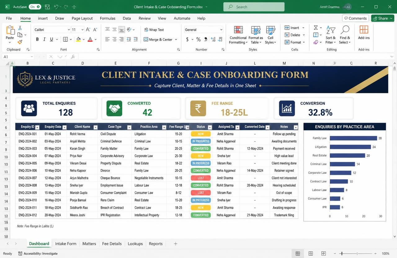 Client Intake & Onboarding Form — Excel dashboard preview