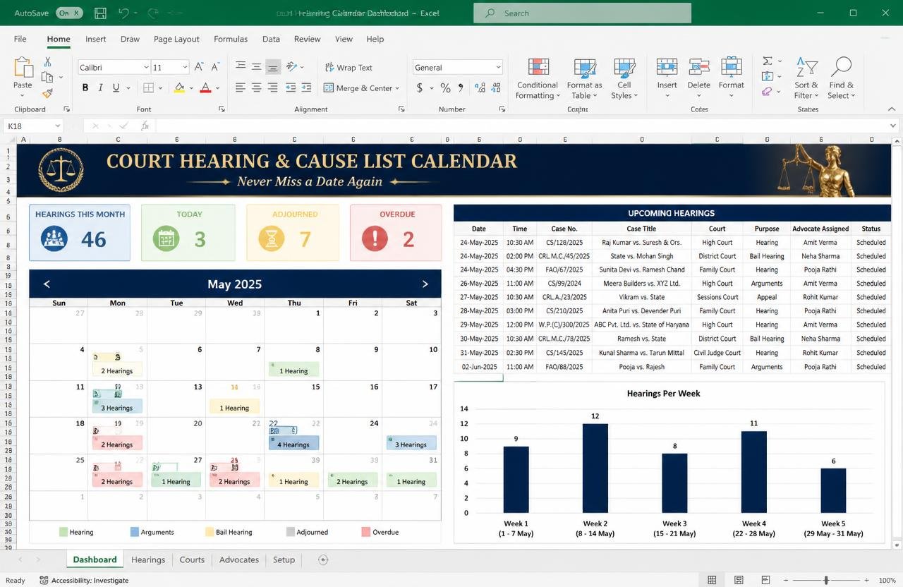 Court Hearing & Cause List Calendar — Excel dashboard preview