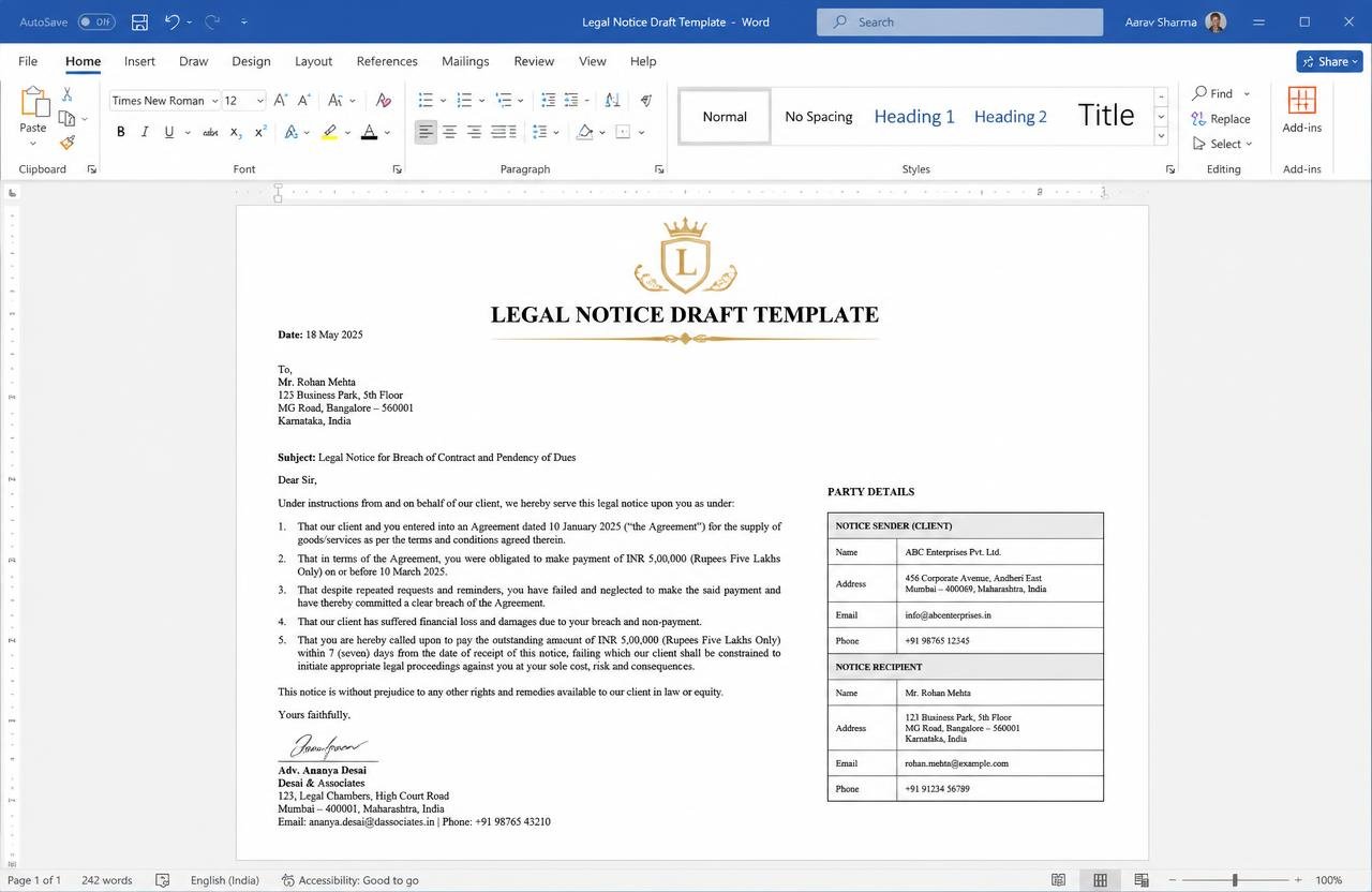 Legal Notice Draft Template — Excel dashboard preview