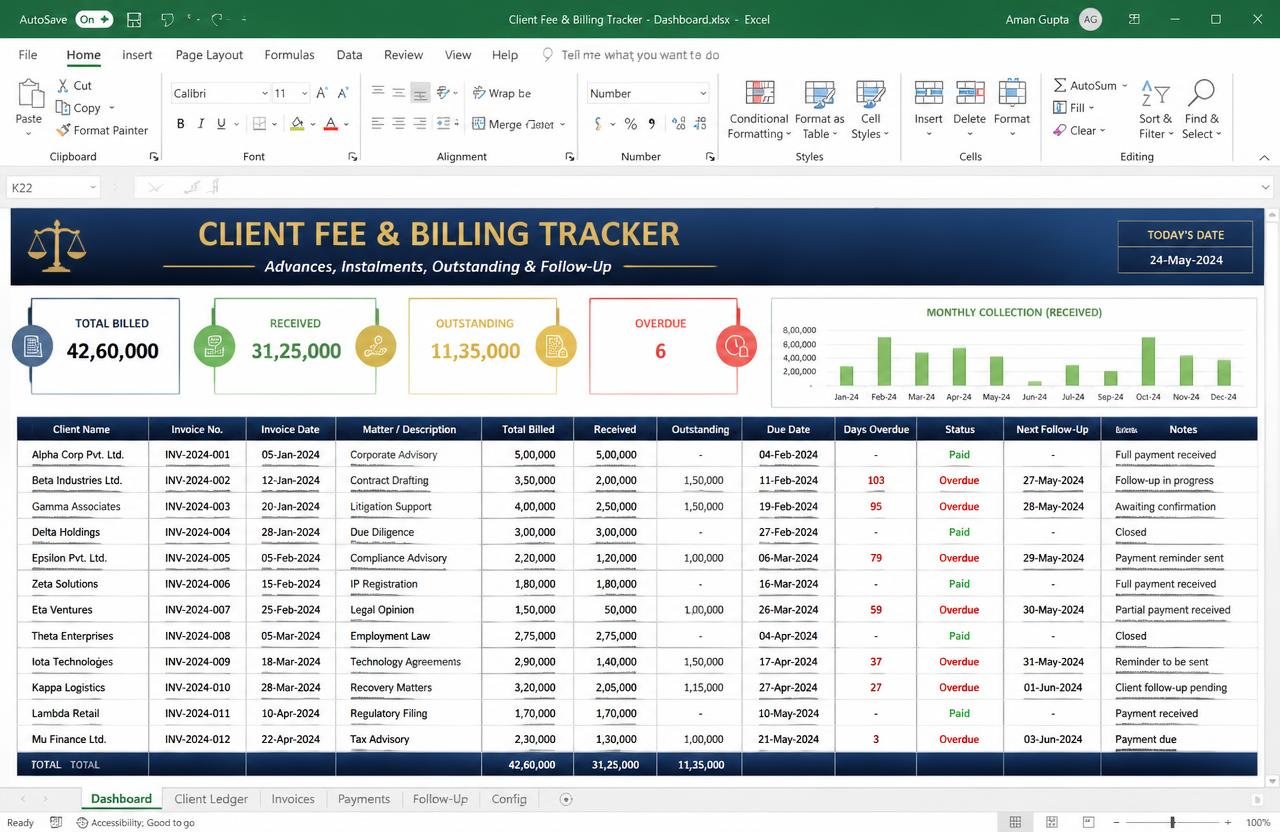 Client Fee & Billing Tracker — Excel dashboard preview