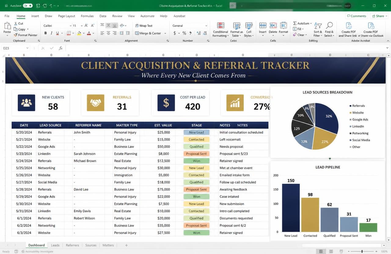 Client Acquisition & Referral Tracker — Excel dashboard preview