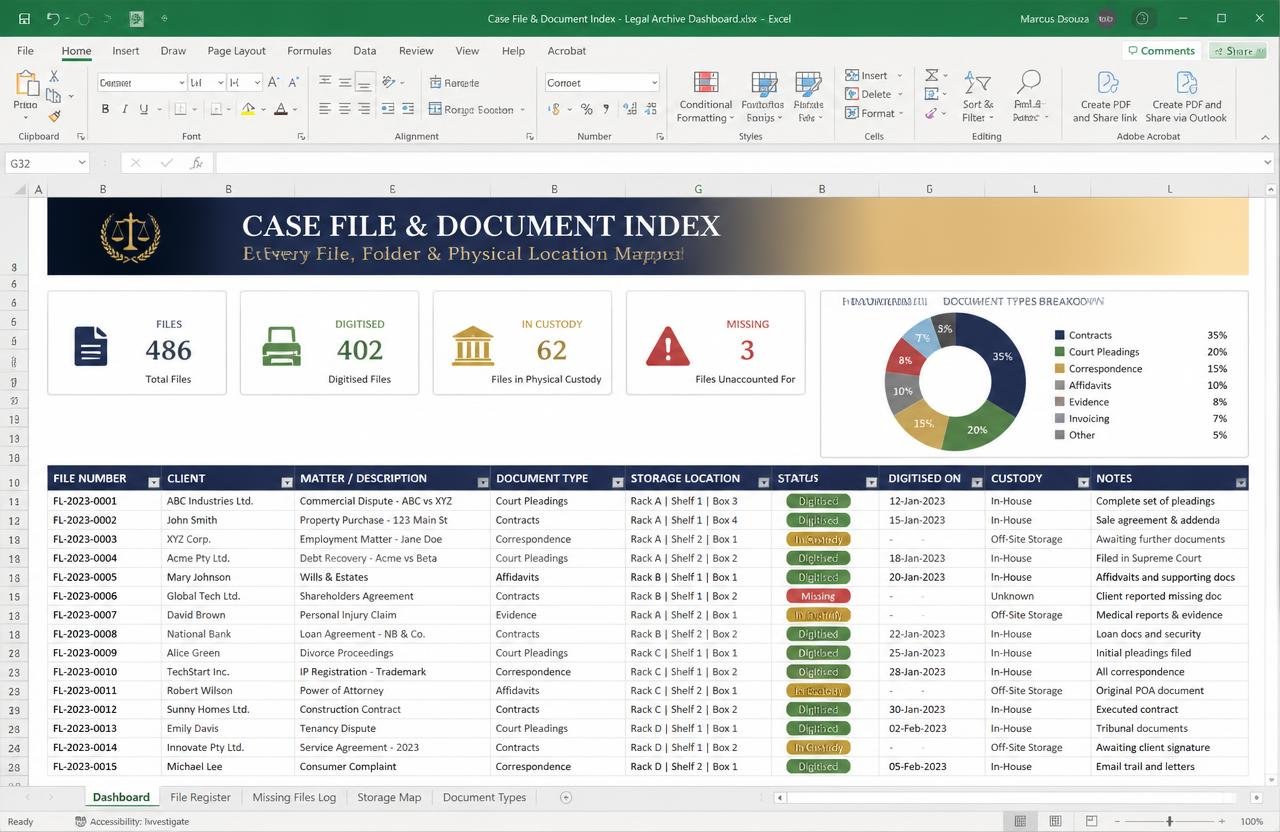 Case File & Document Index — Excel dashboard preview
