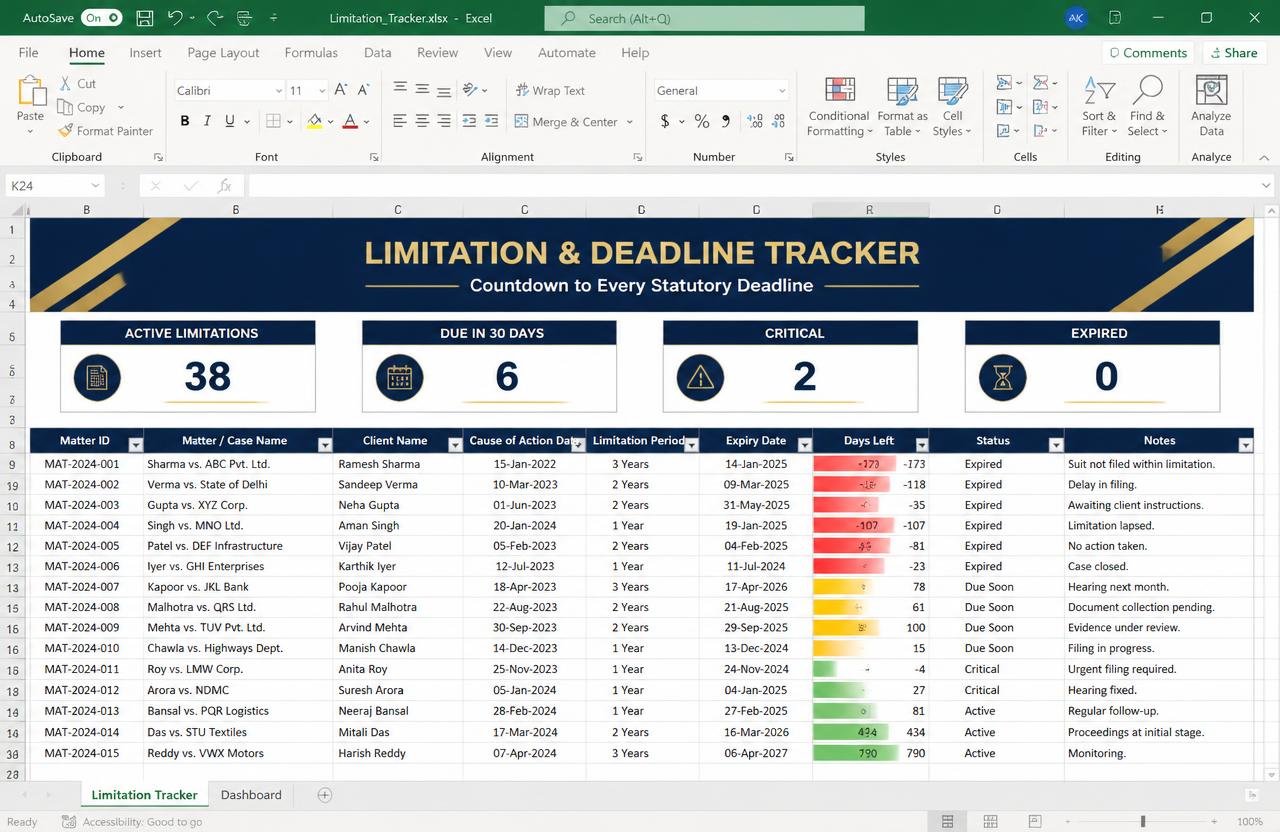 Limitation & Deadline Tracker — Excel dashboard preview