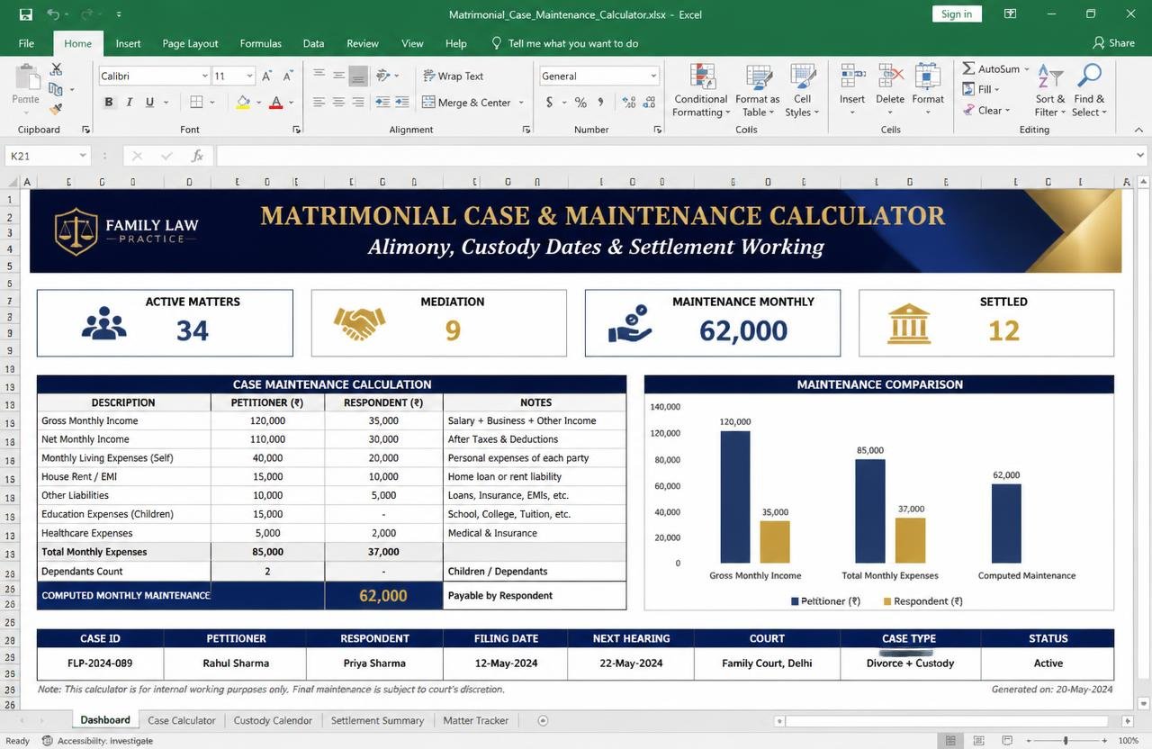 Matrimonial & Maintenance Calculator — Excel dashboard preview