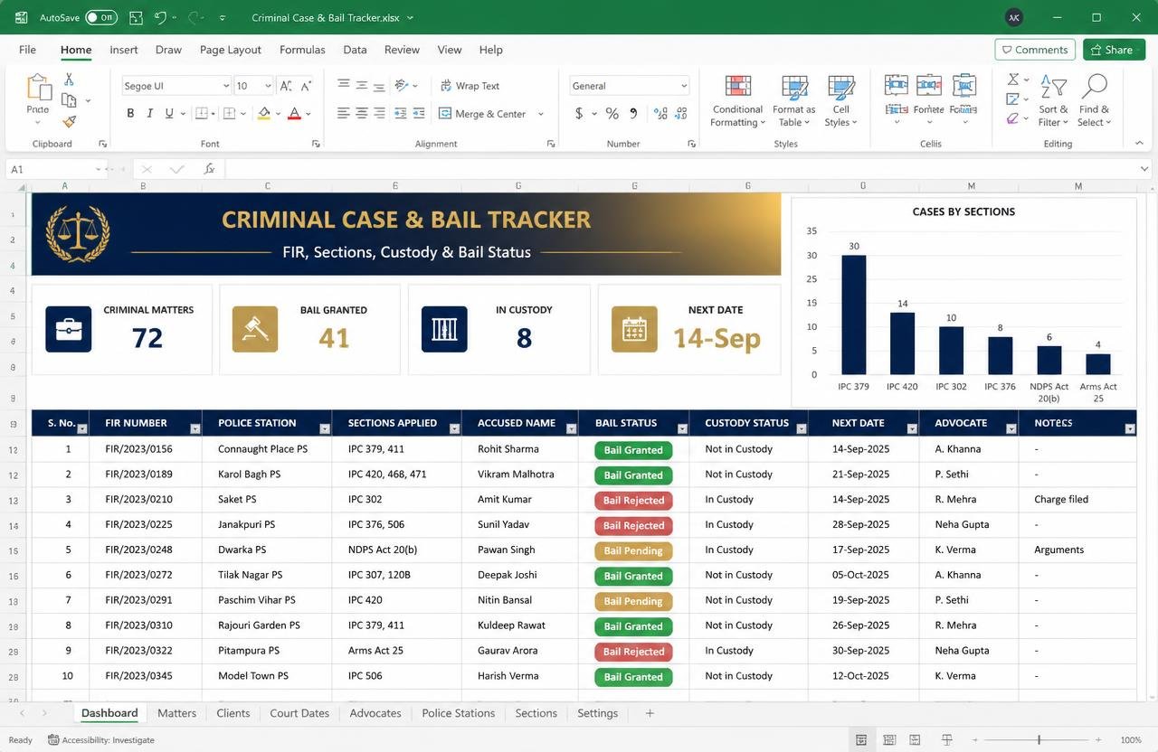 Criminal Case & Bail Tracker — Excel dashboard preview