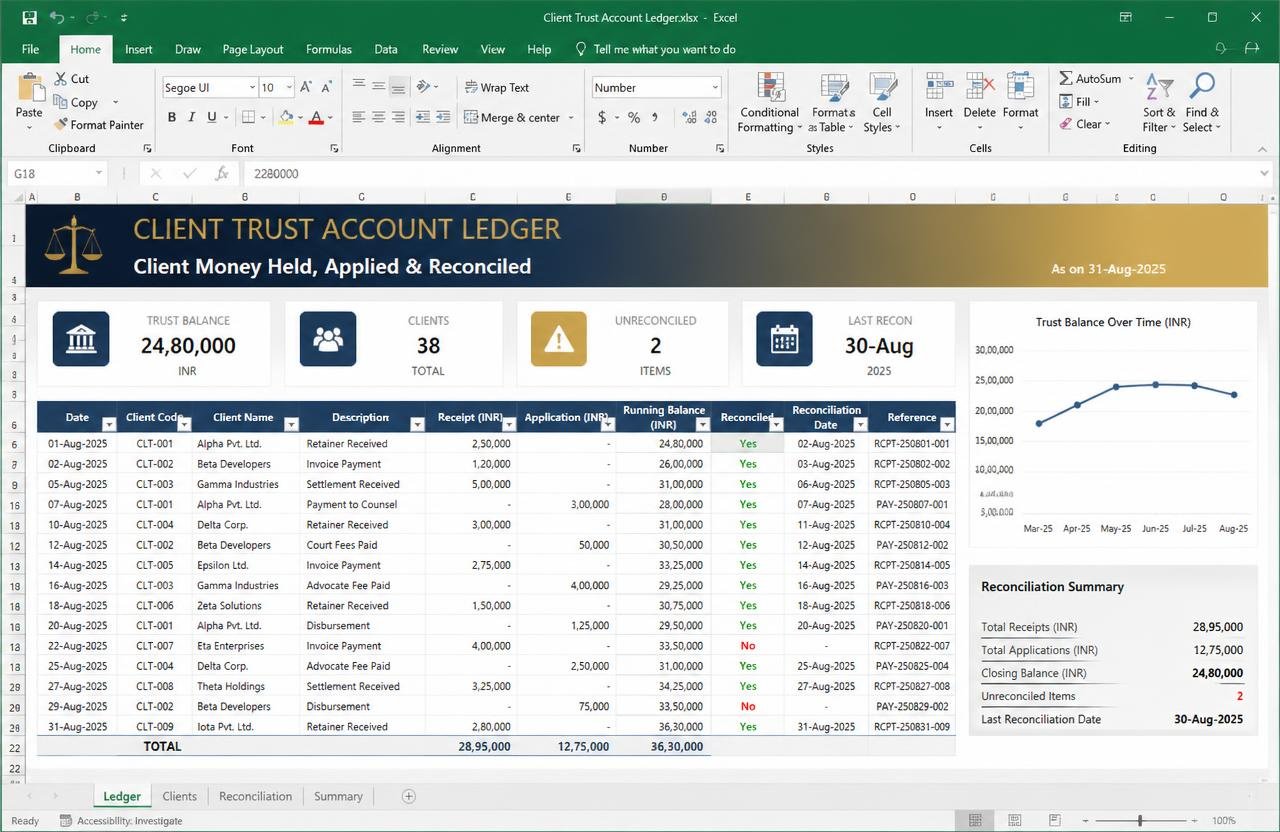 Client Trust Account Ledger — Excel dashboard preview