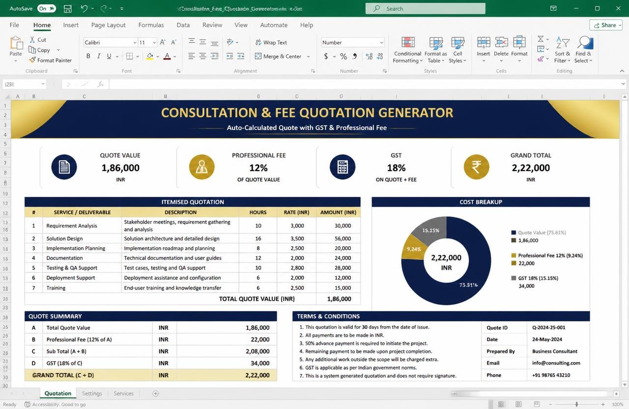 Consultation & Fee Quotation Generator — Excel dashboard preview