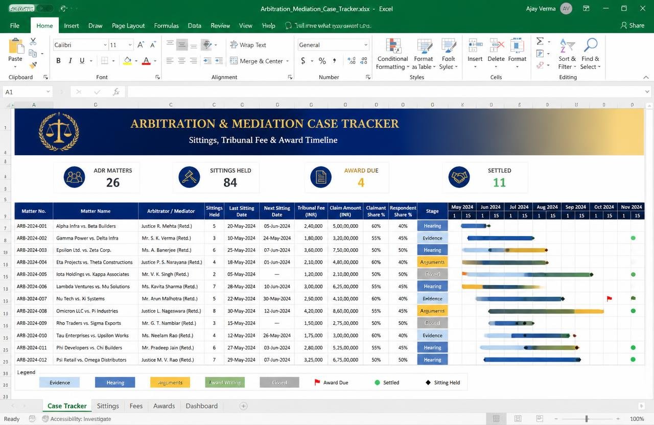 Arbitration & Mediation Case Tracker — Excel dashboard preview