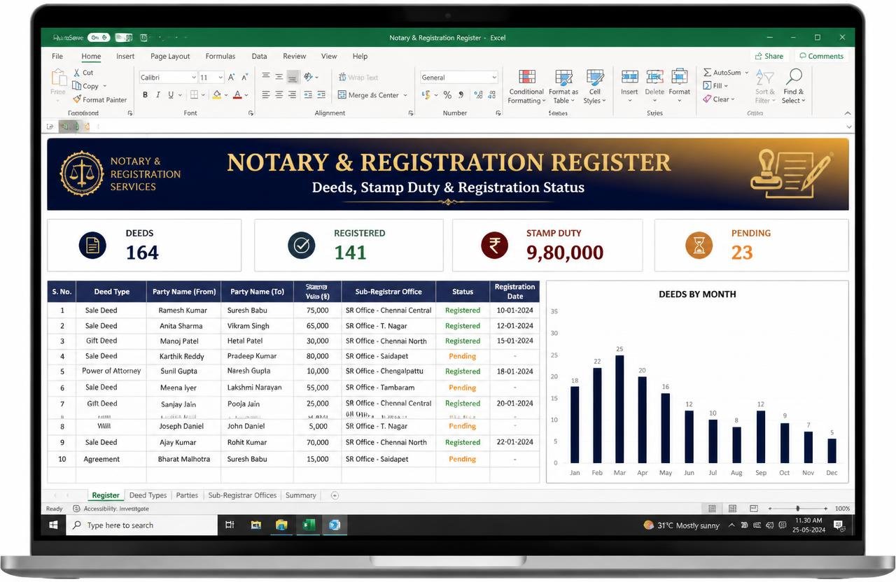 Notary & Registration Register — Excel dashboard preview